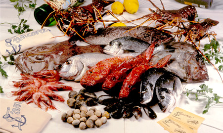 Photograph of a diverse assortment of fresh fish: lobster, shrimp, seafood, etc.